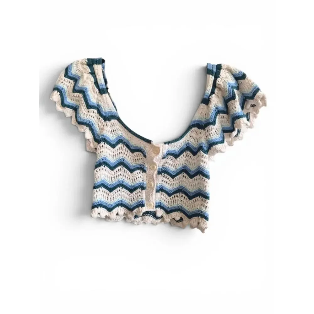 Zara‎ Boho Blue And Cream Striped Crochet Knit Button Up Crop Top
